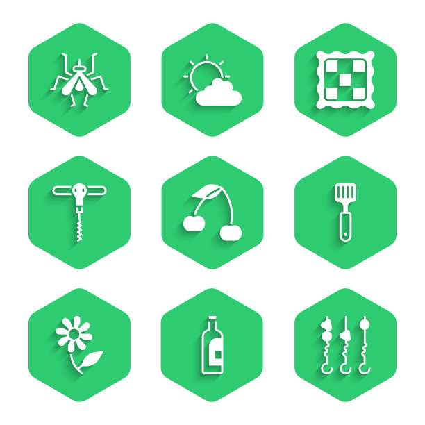 设置樱桃，瓶葡萄酒，烤烤肉串串，铲，花，葡萄酒开瓶器，格子餐巾和蚊子图标。向量图片下载