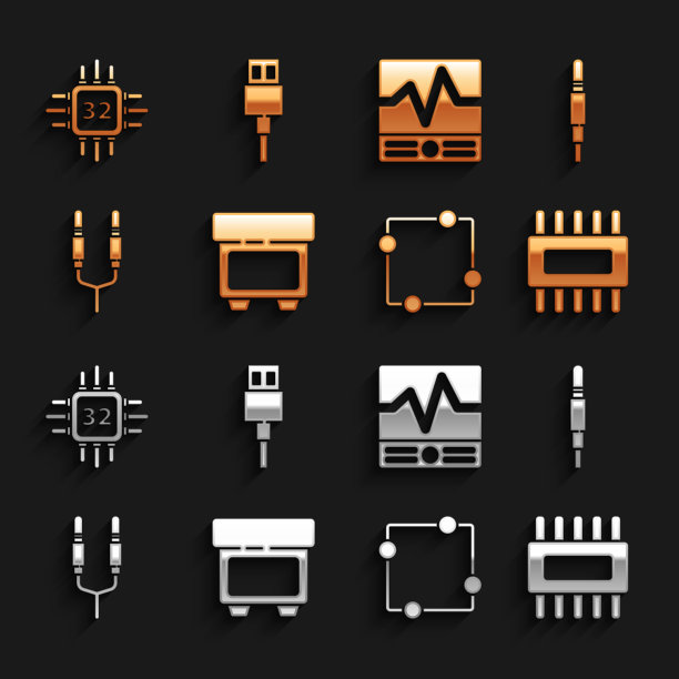 设置保险丝，音频插孔，处理器与微电路CPU，电气方案，电气测量仪器，和USB电缆图标。向量图片下载