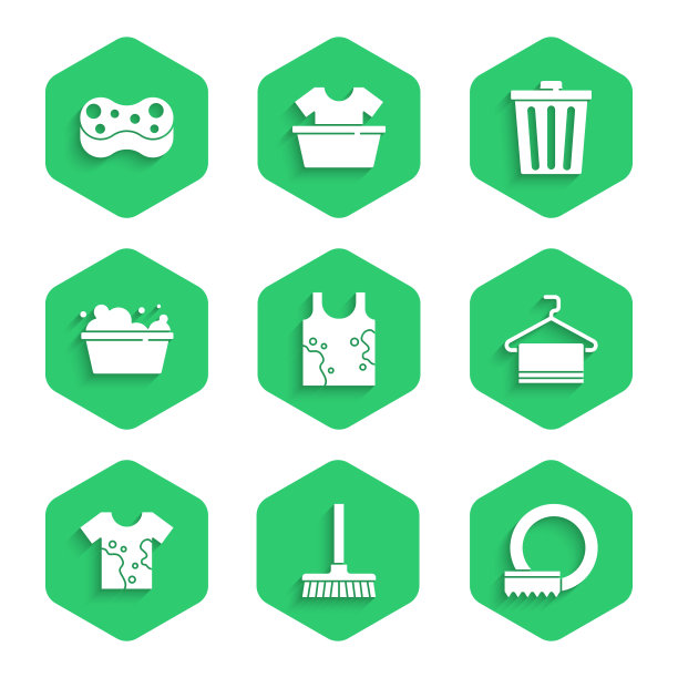 设置脏t恤，扫帚柄，洗碗，毛巾挂在衣架上，有肥皂泡沫的盆，垃圾桶和海绵图标。向量图片下载