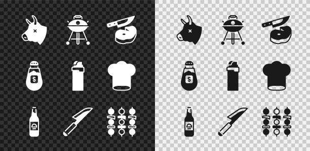 设置牛头，烧烤架，牛排和刀，啤酒瓶，刀，烤烤肉串，盐和打火机图标。向量图片下载