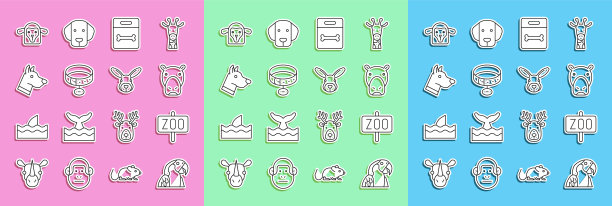 设定线金刚鹦鹉，动物园公园，河马或河马，狗骨，项圈与名牌，头，羊和兔子的图标。向量图片下载