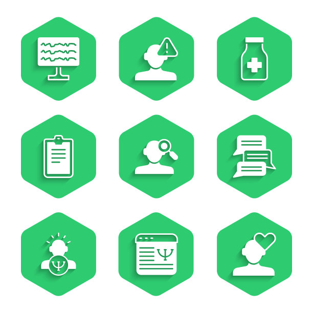 心理学问题发现、在线心理咨询、破碎的心或离婚、心理学、心理测试、镇静药丸和脑电图图标矢量素材图片下载