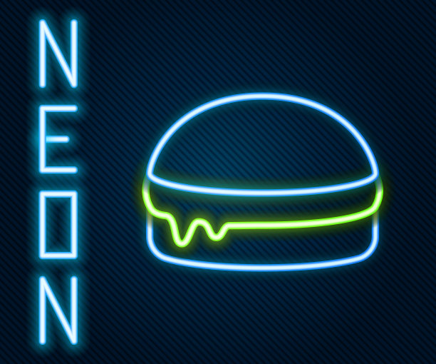 发光的霓虹灯线汉堡图标孤立的黑色背景。汉堡图标。芝士汉堡三明治的迹象。快餐菜单。色彩斑斓的轮廓的概念。向量图片下载