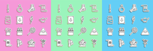 设置线魔法棒，石匠，灯或阿拉丁，瓶子药水，古老的魔法书，魔杖和羽毛图标。向量图片下载