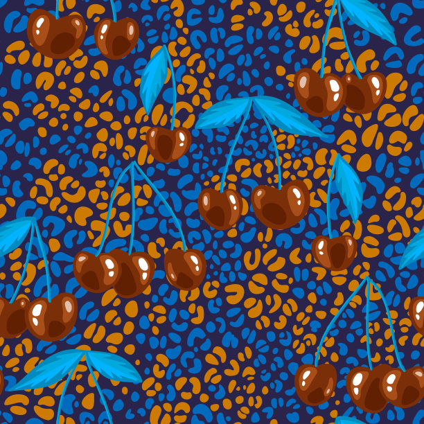 红樱桃无缝背景。成熟的浆果在彩色斑点豹纹。平面设计。复杂的图案制成的动物皮肤和植物装饰织物，纺织品，服装，包装。图片下载