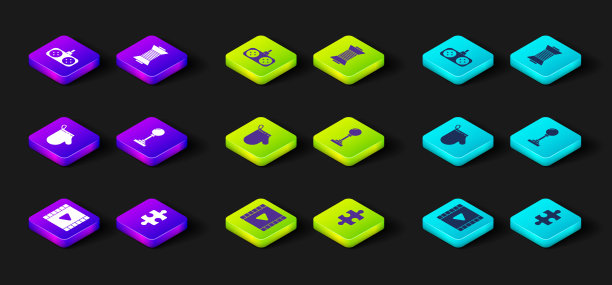 设置播放视频，拼图，烤箱手套，游戏机操纵杆，线轴缝纫线和手柄图标。向量图片下载