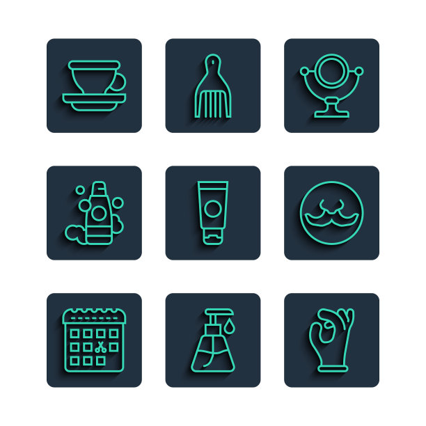 设定线日历理发日，霜化妆管，医用橡胶手套，圆形化妆镜，洗发水瓶，咖啡杯和胡子图标。向量图片下载