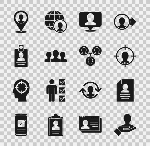 设置手搜索一个人，简历，猎头，位置与人，用户组，识别徽章，和项目团队基地图标。向量图片下载