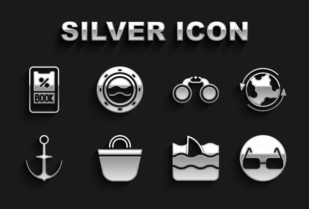 设置沙滩袋，世界各地，眼镜，鱼翅在海浪，锚，望远镜，邮轮票和船舶舷窗与海景图标。向量图片下载