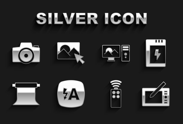 设置自动闪光，相机的电池，图形平板电脑，遥控器，空的照片工作室，照片修饰，和图标。向量图片下载