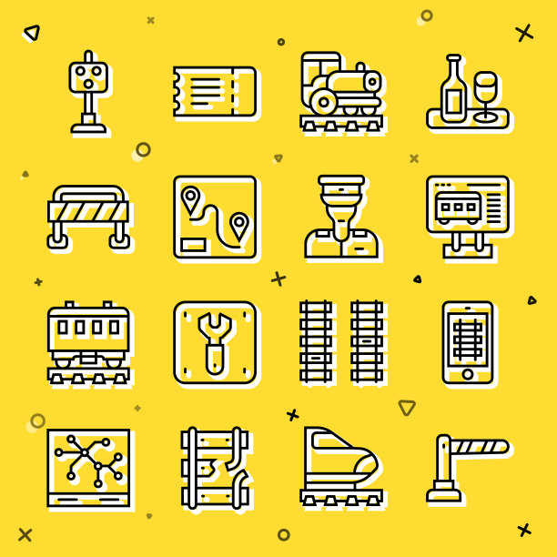 设置线路铁路护栏，网上购票，售票处购票，老式机车，线路位置，道路，列车交通灯和售票员图标。向量图片下载