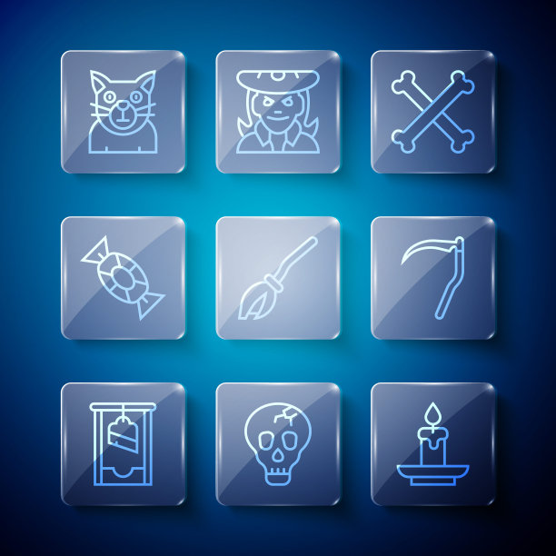 设定线断头台，骷髅，燃烧的蜡烛，交叉的骨头，女巫的扫帚，糖果，猫和镰刀的图标。向量图片下载