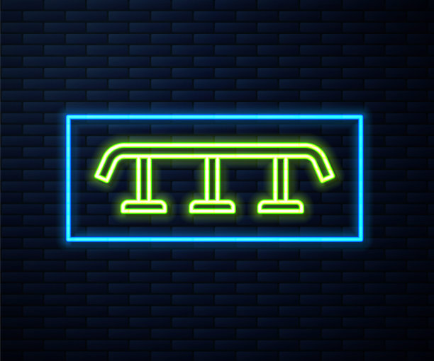 发光的霓虹灯线滑板楼梯与轨道图标孤立在砖墙背景。向量图片下载