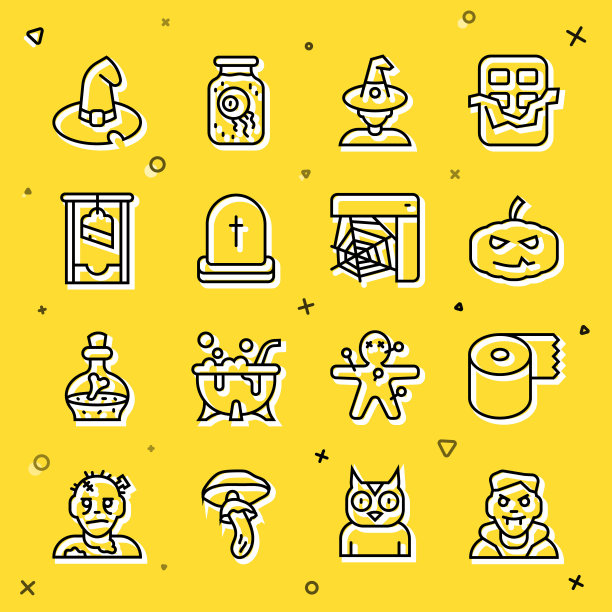 设置线吸血鬼，厕纸卷，南瓜，女巫，墓碑与RIP写，断头台，帽子和蜘蛛网图标。向量图片下载