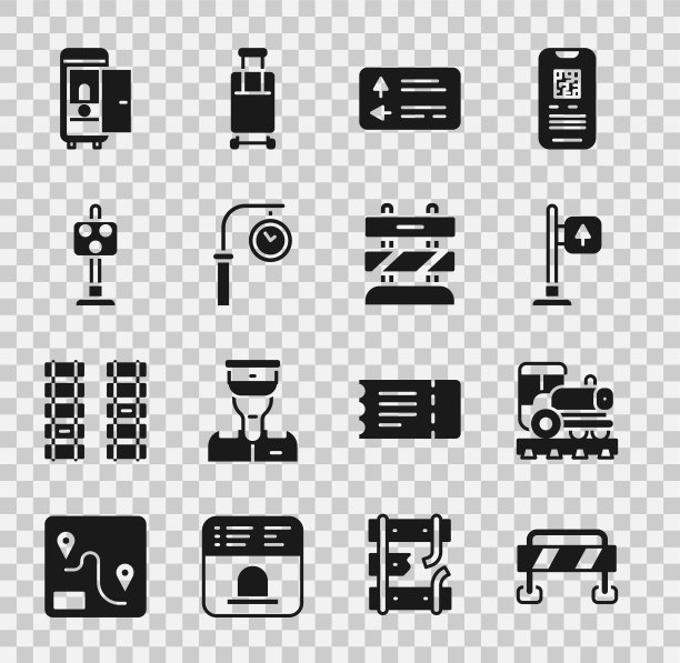 设置道路障碍，老式机车，交通路标，火车站时钟，灯，厕所的火车车厢和结束的铁路轨道图标。向量图片下载