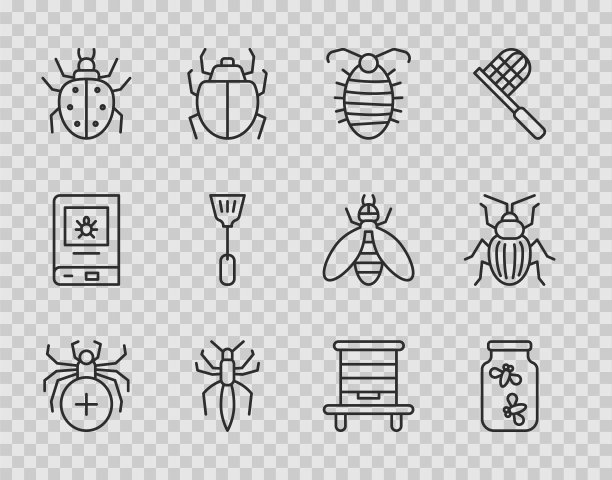 设置线蜘蛛，萤火虫虫在一个罐子，幼虫昆虫，螨虫，苍蝇拍，蜂巢蜜蜂和金龟子甲虫图标。向量图片下载