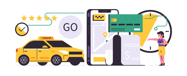 网上叫车服务。城市出租车服务。通过移动应用成功在线支付出租车服务。付款支票，黄色轿车，女人，银行卡，线路。平面向量插图图片下载
