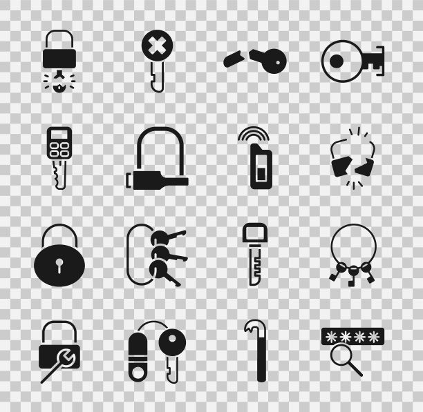 设置密码保护，串钥匙，破裂锁，自行车，汽车用遥控器，钥匙坏里面挂锁和图标。向量图片下载