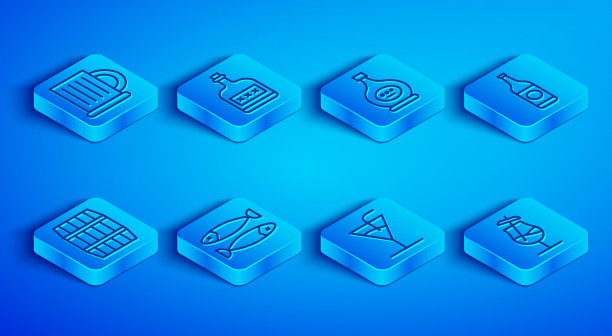 木啤酒杯，酒精饮料朗姆酒瓶，白兰地或白兰地瓶，鱼干，鸡尾酒，啤酒，桶和图标。向量图片下载