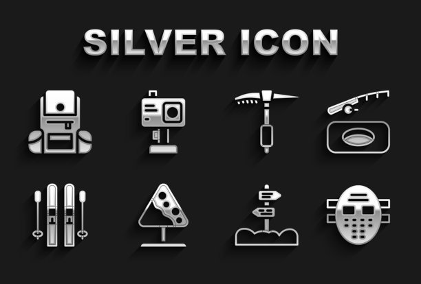 设置道路标志雪崩，冬季钓鱼，曲棍球面具，交通路标，滑雪和棍棒，冰斧，徒步背包和行动相机图标。向量图片下载