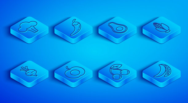 Set line花椰菜，辣椒荚，牛油果，桃子，樱桃，玉米，甜菜和青豆图标。向量图片下载