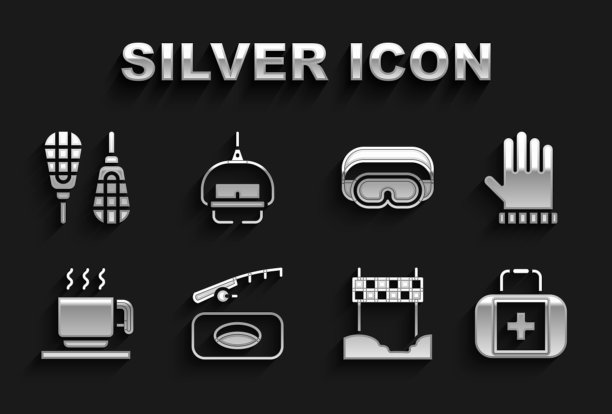 设置冬季钓鱼，圣诞手套，急救箱，丝带整理线，热巧克力杯，滑雪护目镜，雪鞋和升降机图标。向量图片下载