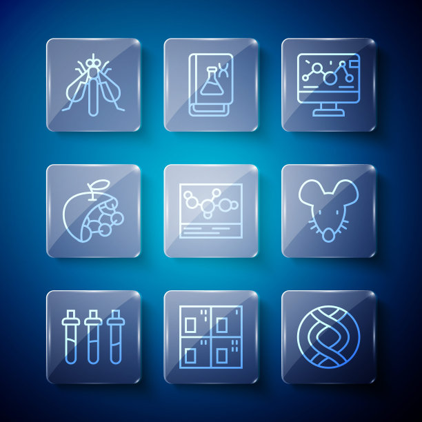 试剂瓶，元素周期表，DNA符号，基因工程修饰，化学配方，生物结构，实验昆虫和老鼠图标。向量图片下载