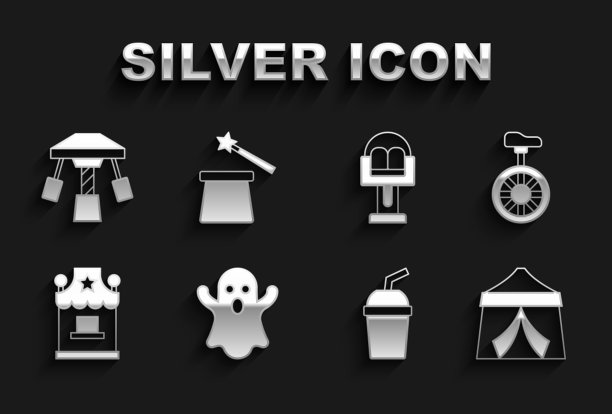 设置幽灵，独轮车或单轮自行车，马戏团帐篷，带水的纸玻璃，售票处，吸引旋转木马，魔术帽和魔杖图标。向量图片下载