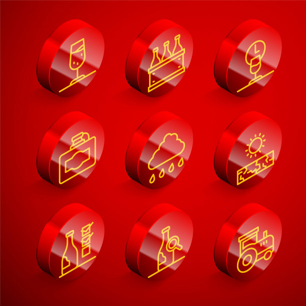 设置线葡萄酒玻璃，酒瓶葡萄酒盒，时间，纸板，云与雨，干旱，和图标。向量图片下载