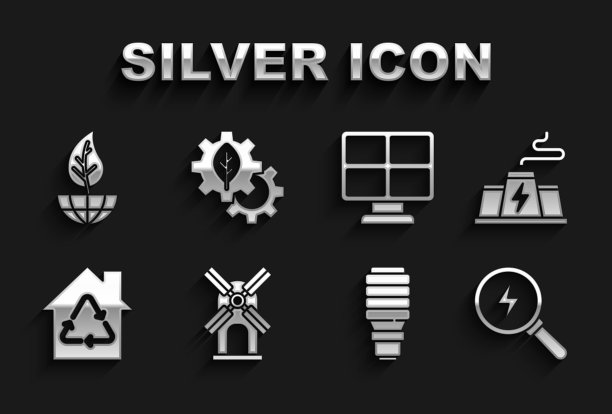 集风力涡轮机，电站工厂，闪电，LED灯泡，生态屋与回收，太阳能电池板，地球仪和叶和叶齿轮机图标。向量图片下载