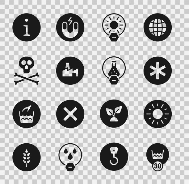 设置温度清洗，太阳，紧急医疗标志，无阳光直射，工厂生产，骨骼和颅骨警告，信息和试管烧瓶图标。向量图片下载