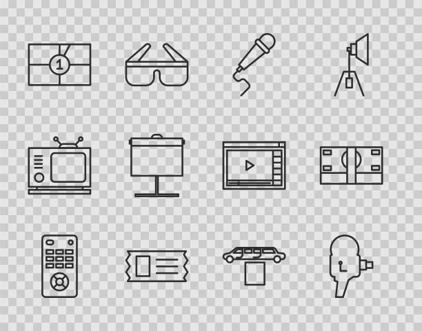 设置线遥控，复古电影相机，麦克风，电影票，老电影电影倒计时框，投影屏幕，豪华轿车和地毯和堆叠纸币现金图标。向量图片下载