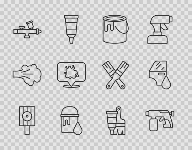 设置线喷枪可以喷嘴盖，油漆喷枪，桶，管与油漆和刷子和汽车喷漆图标。向量图片下载