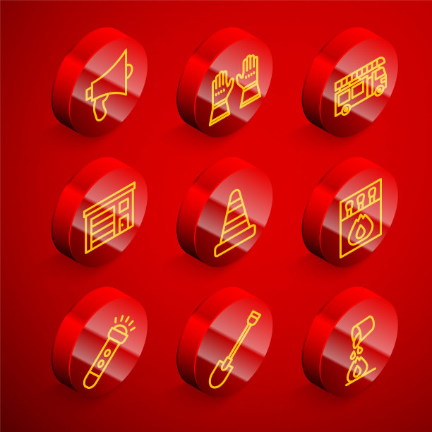 设置线路扩音器，消防手套，卡车，消防站大楼，交通锥，火柴盒和火柴，手电筒和铲子图标。向量图片下载