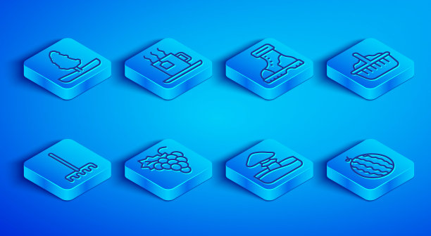 Set line Tree, Cup of tea with tea bag，防水橡胶靴，葡萄水果，蘑菇，篮子，花园耙和西瓜图标。向量图片下载