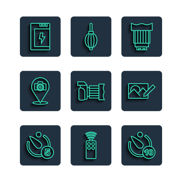 设置线相机定时器，遥控相机，照片镜头，照片，电池和修饰图标。向量图片下载