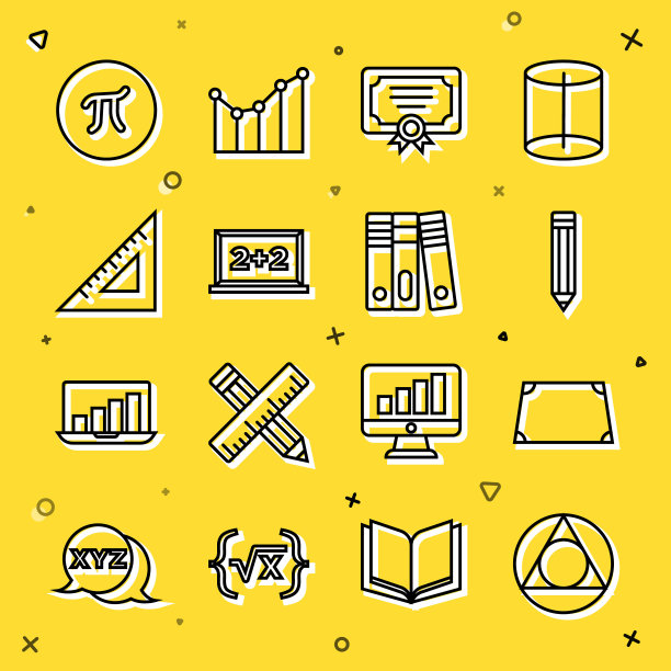 设置线三角形数学，急性梯形，铅笔，证书模板，粉笔板，三角形尺，Pi符号和办公室文件夹图标。向量图片下载