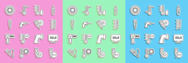 设置线数字温度计，医疗，气象，太阳和图标。向量图片下载