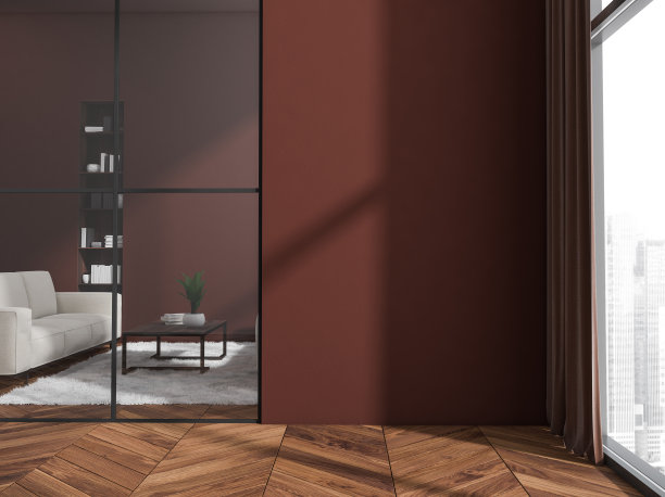 客厅走廊的暗红色墙和白色沙发图片下载