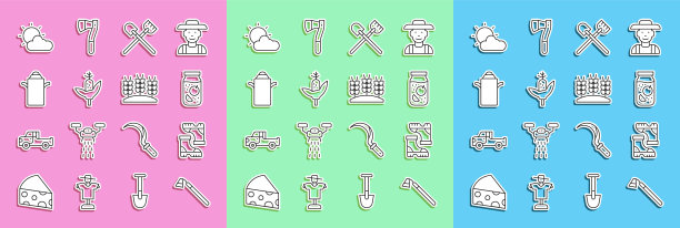 设置线花园锄头，防水橡胶靴，果酱罐，铲子，玉米，可以容器牛奶，太阳和云天气和小麦图标。向量图片下载