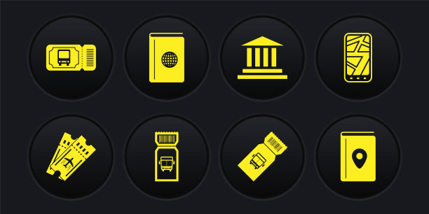 设置机票，城市地图信息图，巴士，博物馆建筑，封面书旅游指南，图标。向量图片下载