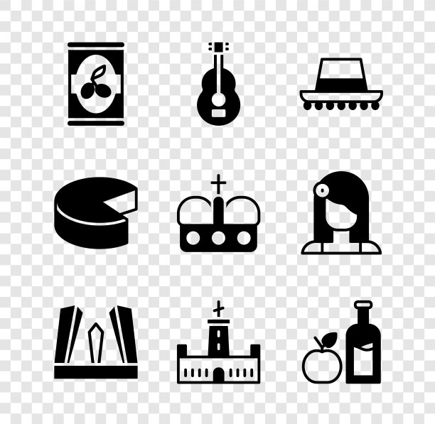 设置橄榄罐头，西班牙吉他，帽子，欧洲之门，蒙朱伊城堡，苹果酒瓶，奶酪和西班牙皇冠图标。向量图片下载