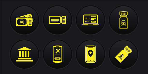 设置博物馆建筑，火车票，移动与，城市地图信息图，在线酒店预订，车票，图标。向量图片下载