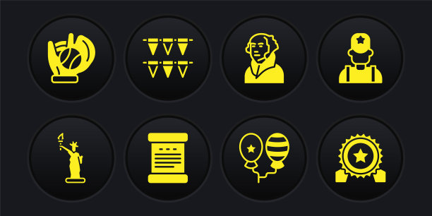 设置自由女神像，治安官牛仔，独立宣言，气球，乔治华盛顿，嘉年华花环与旗帜，勋章星和棒球手套球图标。向量图片下载