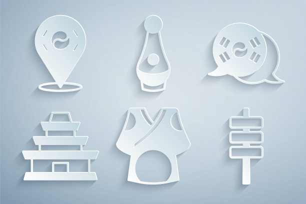 设置和服，韩国国旗，韩国寺庙，食品tokpokki，烧酒瓶和位置图标。向量图片下载