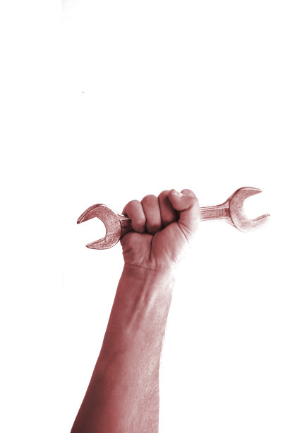 修理工作，扳手，工具在手上一个孤立的白色背景。硬光,着色。图片下载