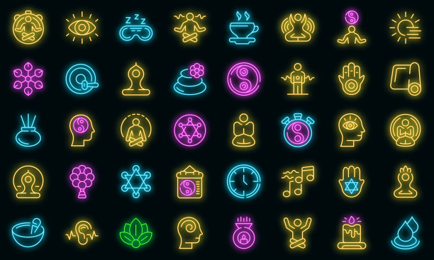 精神实践的图标设置矢量霓虹图片下载
