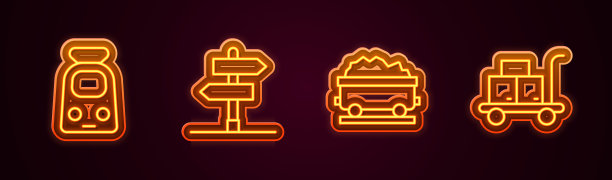 设置线路火车和铁路，道路交通标志，煤车和行李车。发光的霓虹灯图标。向量图片下载