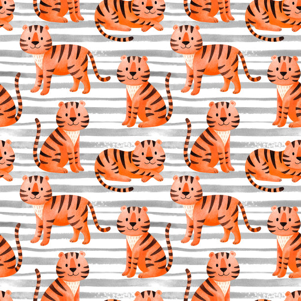 无缝图案与老虎。白色背景上镶有灰色条纹的2022年新年装饰品。卡通动物的水彩画。印刷礼品包装，墙纸，纸，织物图片下载