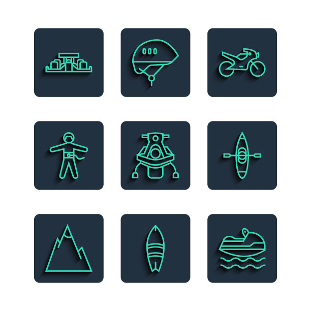 Set line Mountains, Surfboard, Jet ski, Motorcycle, Snowmobile, Bungee jumping, Formula 1 racing car and Kayak canoe图标。向量图片下载